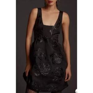 Anthropologie Maeve Jacquard Mini Black Floral Dress Women's 10 Babydoll Fairy